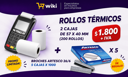 [W0030009] PROMO WEB 1 - 200 rollos pos 57x40 + 5 cajas x 1000 broches artesco 26/6 DE REGALO!